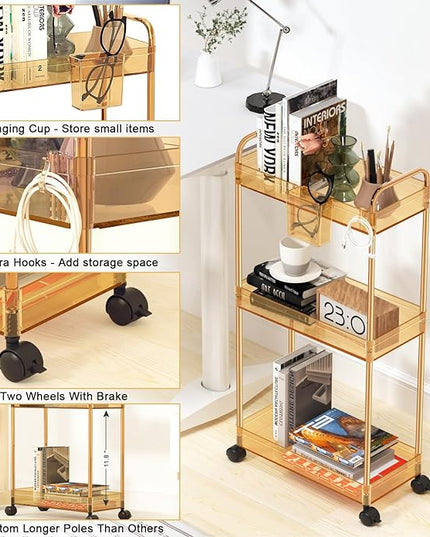 SPACEKEEPER 3 Tier Utility Storage Cart Rolling Bathroom Organizer, Transparency Mobile Shelving Unit Clear Rolling Utility Cart Multifunction, Amber - LeafyLoom