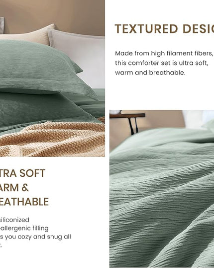 Sage Green Queen Comforter Set, 3 Piece Crinkle Design Summer Beddding Queen Size, Minimalist Queen Bed Set with Modern Green Comforter & Shams (Queen, 90"x90") - LeafyLoom