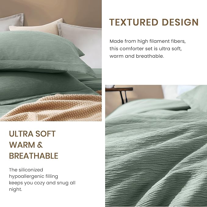 Sage Green Queen Comforter Set, 3 Piece Crinkle Design Summer Beddding Queen Size, Minimalist Queen Bed Set with Modern Green Comforter & Shams (Queen, 90"x90") - LeafyLoom