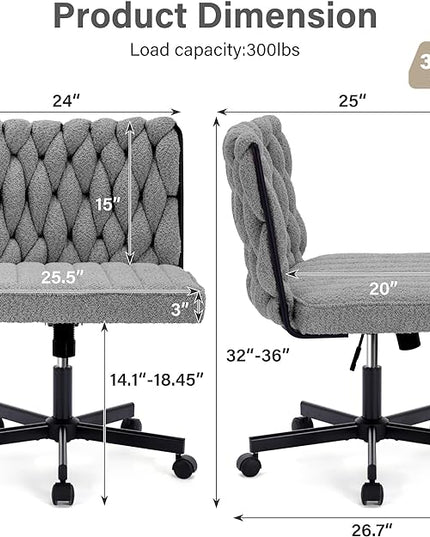 Criss Cross Legged Office Desk Chair with Wheels, Modern Armless Desk Chair with Wide Seat, Home Office Chair for Work, Meditation, Vanity, Grey - LeafyLoom