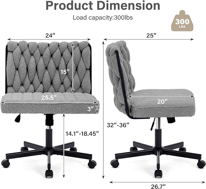 Criss Cross Legged Office Desk Chair with Wheels, Modern Armless Desk Chair with Wide Seat, Home Office Chair for Work, Meditation, Vanity, Grey - LeafyLoom