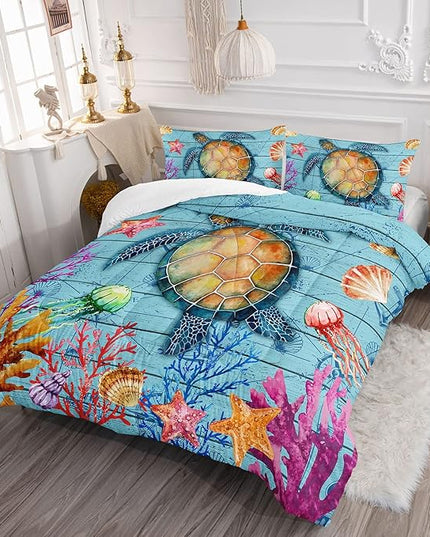 Datura home Sea Turtle Bedding Comforter Set Sea Turtle Ocean Beach Printed Pattern Bedding Set with 1 Comforter and 2 Pillowcases for Boys Bedroom All Season(Sea Turtle Queen), Queen 90x90inches - LeafyLoom