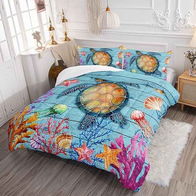 Datura home Sea Turtle Bedding Comforter Set Sea Turtle Ocean Beach Printed Pattern Bedding Set with 1 Comforter and 2 Pillowcases for Boys Bedroom All Season(Sea Turtle Queen), Queen 90x90inches - LeafyLoom