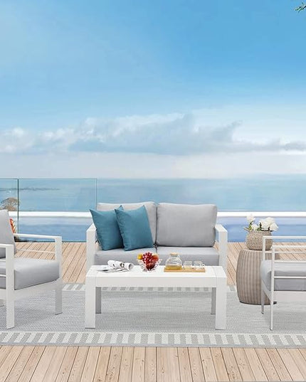 Solaste Outdoor Aluminum Furniture Set - 4 Pieces Patio Sectional Chat Sofa Conversation Set with Table,White - LeafyLoom