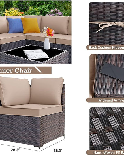 Patio Furniture Sectional Sofa Set 13-Pieces PE Rattan Patio Conversation Set w/43in Gas Fire Pit Table, Outdoor Furniture with 55000 BTU Propane Fire Pit, Sand - LeafyLoom