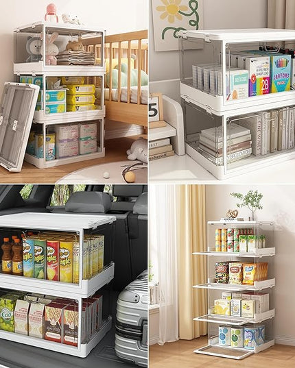 3-Pack Clear Stackable Storage Bins with Lids Magnetic Doors Open Front Foldable Folding Plastic Craft Containers Large Closet Organizers Box for Bedrooms Living Rooms Study Kids' Toys 24 QT - LeafyLoom