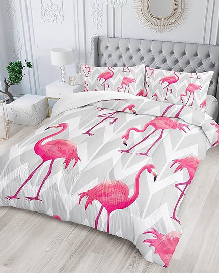Flamingo Comforter Set Twin Size Tropical Flamingo Geometric Stripe Bedding Set Flamingo Quilted Duvet for Kids Girls Boys Adult with 1 Comforter and 2 Pillowcases - LeafyLoom