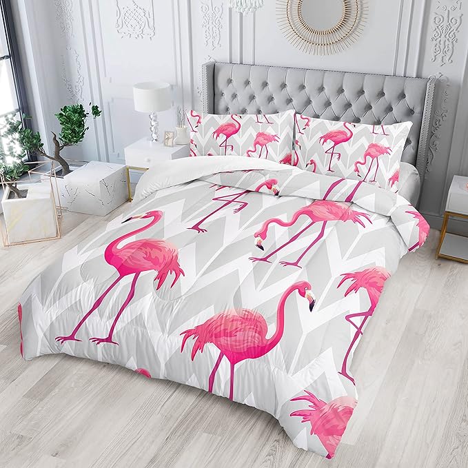 Flamingo Comforter Set Queen Size Tropical Flamingo Geometric Stripe Bedding Set Flamingo Quilted Duvet for Kids Girls Boys Adult with 1 Comforter and 2 Pillowcases - LeafyLoom