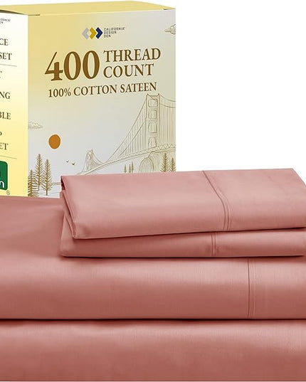 California Design Den Queen Size 100 Percent Cotton Sheet Set, 400 Thread Count Sateen Sheets for Queen Size Bed, Soft, Breathable & Cooling 4-Pc Deep Pocket Sheets - Coral Pink - LeafyLoom