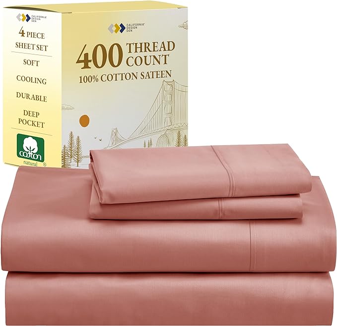 California Design Den Queen Size 100 Percent Cotton Sheet Set, 400 Thread Count Sateen Sheets for Queen Size Bed, Soft, Breathable & Cooling 4-Pc Deep Pocket Sheets - Coral Pink - LeafyLoom