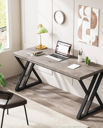 55 Inch Large Simple Industrial Computer Desk Study Writing Table Home Office Workstation,Grey - LeafyLoom