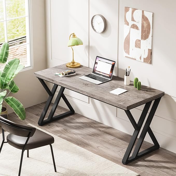55 Inch Large Simple Industrial Computer Desk Study Writing Table Home Office Workstation,Grey - LeafyLoom