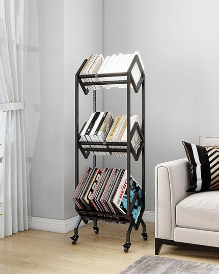 Bookshelf Book Cart Rack Industrial Metal Bookcase 3 Tier Holder with Wheels Modern Stylish Design Magazines Files Album Recipe Book Storage Organizer for Sofa End Bed Beside (3 Tier) - LeafyLoom
