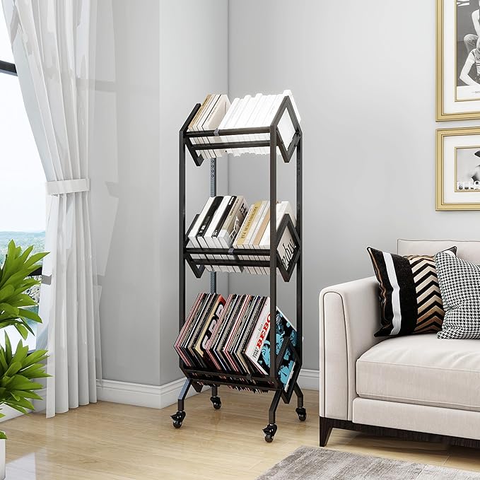 Bookshelf Book Cart Rack Industrial Metal Bookcase 3 Tier Holder with Wheels Modern Stylish Design Magazines Files Album Recipe Book Storage Organizer for Sofa End Bed Beside (3 Tier) - LeafyLoom