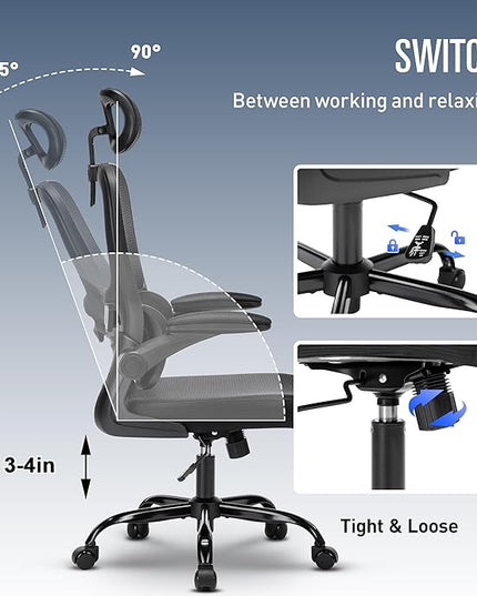 Office Chair, Ergonomic Office Chair Desk Chair with Headrest, High Back Mesh Computer Chairs for Home Office with Adjustable Back Support, 350lbs Comfortable Black Office Chair, Tilt Lock - LeafyLoom
