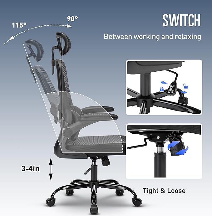 Office Chair, Ergonomic Office Chair Desk Chair with Headrest, High Back Mesh Computer Chairs for Home Office with Adjustable Back Support, 350lbs Comfortable Black Office Chair, Tilt Lock - LeafyLoom