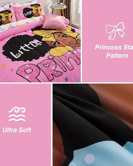 A Nice Night Black Girl Little Princess Comforter Set, Pink 6Pcs Bed in A Bag Twin Size Sparkling Stars Bedding Set,for Kids, Girls - LeafyLoom