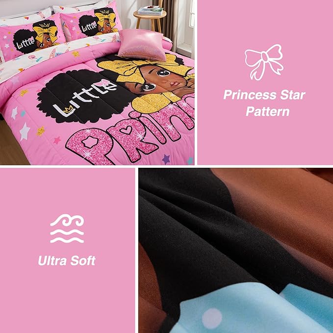 A Nice Night Black Girl Little Princess Comforter Set, Pink 6Pcs Bed in A Bag Twin Size Sparkling Stars Bedding Set,for Kids, Girls - LeafyLoom