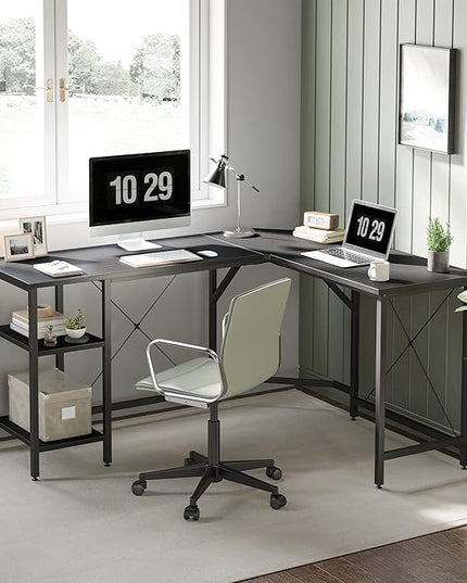 CubiCubi L Shaped Desk, 59.1 Inch Reversible Corner Desk with Storage Shelves, Home Office Desk for Writing Gaming Study, Black - LeafyLoom