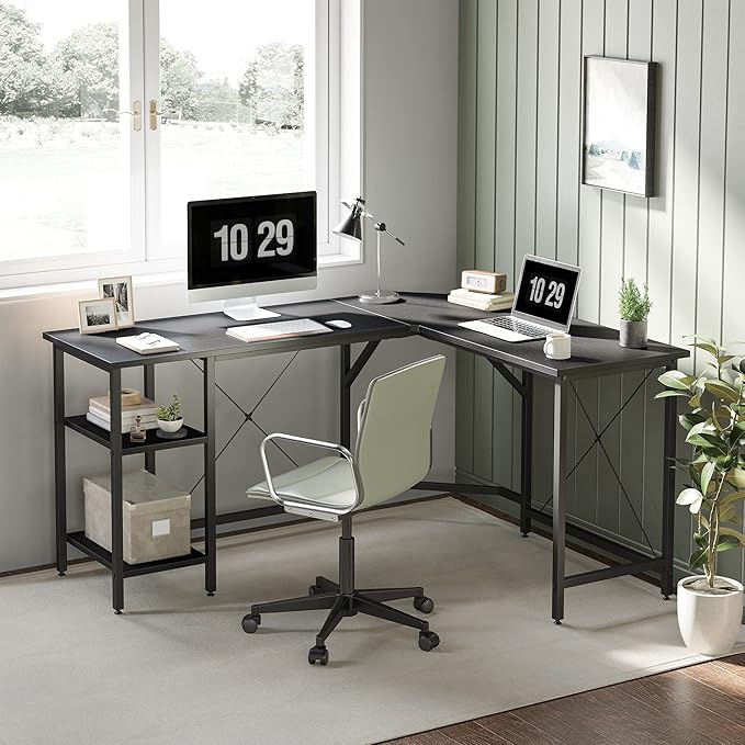 CubiCubi L Shaped Desk, 59.1 Inch Reversible Corner Desk with Storage Shelves, Home Office Desk for Writing Gaming Study, Black - LeafyLoom