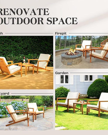 Eleve 400lbs Capacity Outdoor Set of 2 with Wooden Side Table, FSC Certified Acacia Wood Patio Furniture Set for Firepit Porch, Large, Slanted Backrest Club Chair - LeafyLoom