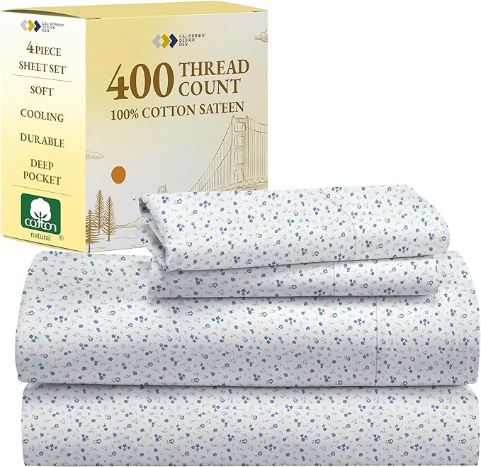 California Design Den Floral Sheets Pattern Full Sheet Set, Luxury 400 Thread Count 100% Cotton Sheets, 4 Pc Deep Pocket Full Sheets & Pillowcase Set (Blooming Meadows) - LeafyLoom
