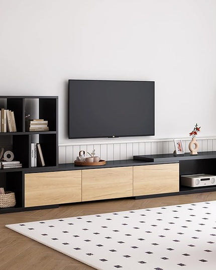 Merax Extendable TV Stand for Televisions up to 110'', Adjustable Entertainment Center with Storage Cabinets and 3 Tier Bookshelves, Sliding Tabletop Media Console for Living Room, Black - LeafyLoom