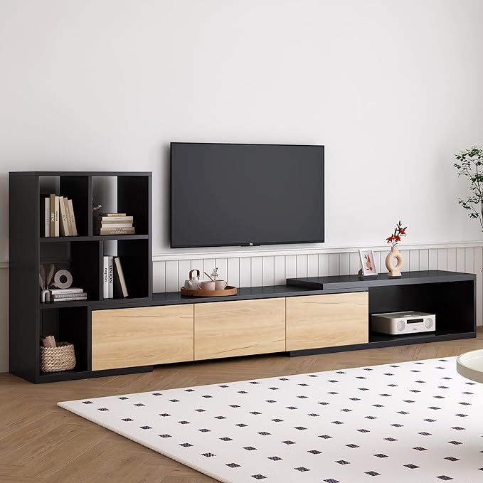 Merax Extendable TV Stand for Televisions up to 110'', Adjustable Entertainment Center with Storage Cabinets and 3 Tier Bookshelves, Sliding Tabletop Media Console for Living Room, Black - LeafyLoom