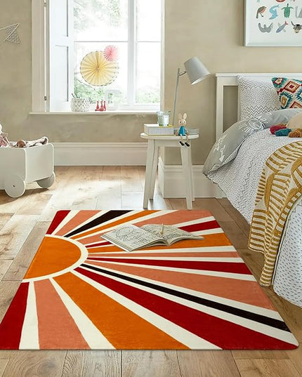 Boho Washable Rug 4'x6' Rug Kids Area Rug for Playroom, Non-Slip Kids Rug for Bedroom, Rainbow Orange Sun Carpet Soft Throw Sunshine Rug for Office Nursery Entryway Dorm - LeafyLoom