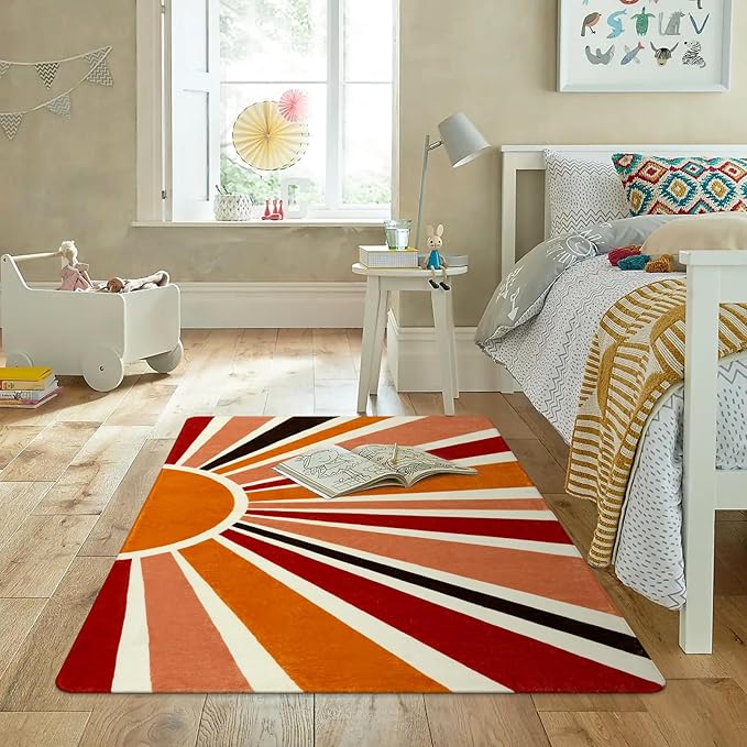 Boho Washable Rug 4'x6' Rug Kids Area Rug for Playroom, Non-Slip Kids Rug for Bedroom, Rainbow Orange Sun Carpet Soft Throw Sunshine Rug for Office Nursery Entryway Dorm - LeafyLoom