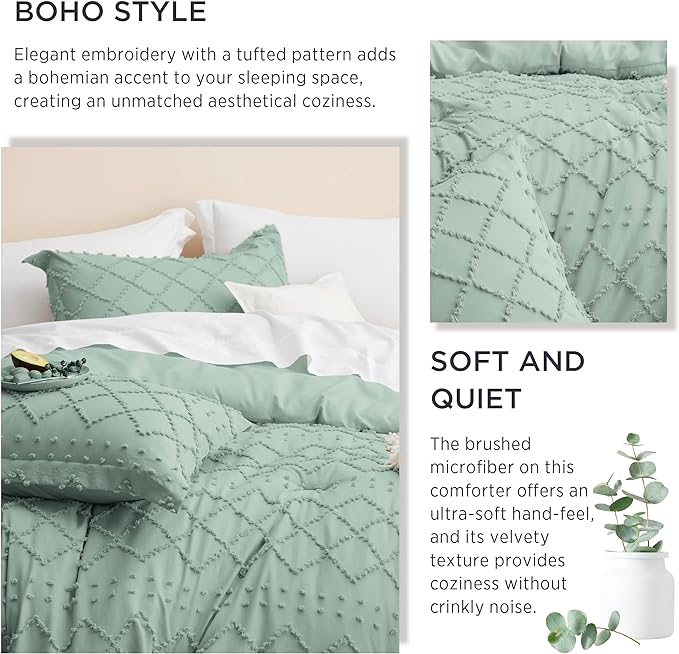 Bedsure King Size Comforter Set - Sage Green Comforter, Boho Tufted Shabby Chic Bedding Comforter Set, 3 Pieces Farmhouse Bed Set for All Seasons, Fluffy Soft Bedding Set with 2 Pillow Shams - LeafyLoom