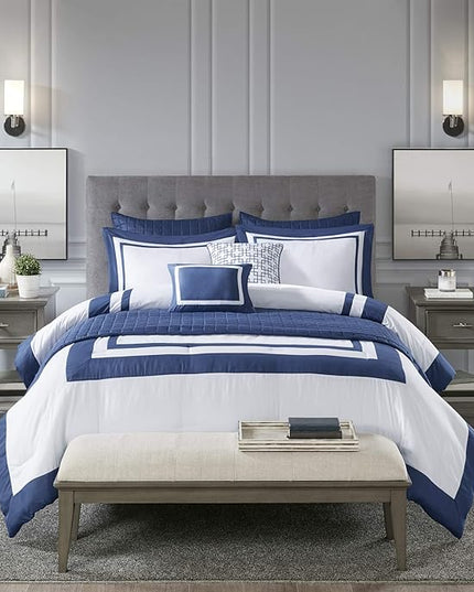 Madison Park Heritage Comforter Quilt Combo Set - Modern Luxury Design, All Season Down Alternative Bedding, Matching Shams, Decorative Pillows, King/Cal King(104"x92"), Color Block Navy 8 Piece - LeafyLoom