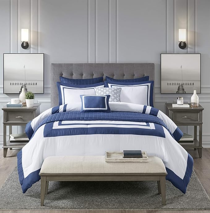Madison Park Heritage Comforter Quilt Combo Set - Modern Luxury Design, All Season Down Alternative Bedding, Matching Shams, Decorative Pillows, King/Cal King(104"x92"), Color Block Navy 8 Piece - LeafyLoom