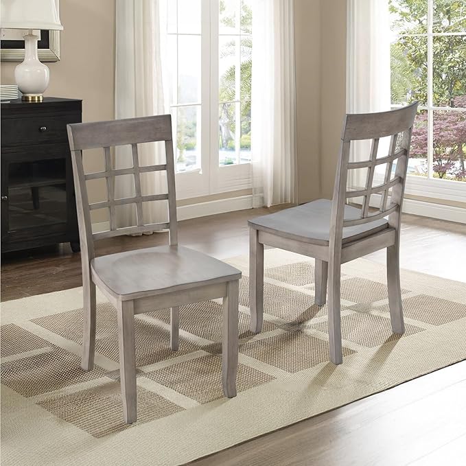 COLAMY Wooden Dining Chairs Set of 2, Nine-Square High Back Kitchen Side Chair, Farmhouse Dining Chairs for Kitchen and Dining Room, Light Grey - LeafyLoom