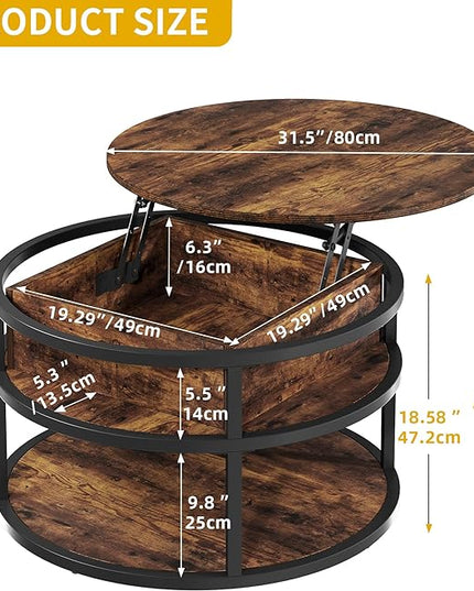 DWVO Round Coffee Tables for Living Room,Lift Top Coffee Table with Storage, Farmhouse Wood Coffee Table,Circle Coffee Tables Living Room for Home Office,Rustic Brown - LeafyLoom