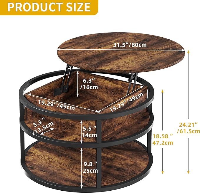 DWVO Round Coffee Tables for Living Room,Lift Top Coffee Table with Storage, Farmhouse Wood Coffee Table,Circle Coffee Tables Living Room for Home Office,Rustic Brown - LeafyLoom
