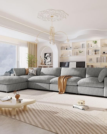176.4 inch Oversized Sectional Sofa with Removable Ottoman, 5-Seater L Shaped Modular Corner Couch for Living Room, Office, Spacious Space, Grey - LeafyLoom