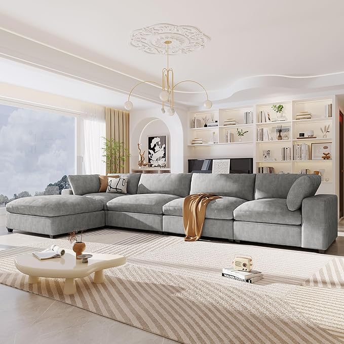 176.4 inch Oversized Sectional Sofa with Removable Ottoman, 5-Seater L Shaped Modular Corner Couch for Living Room, Office, Spacious Space, Grey - LeafyLoom