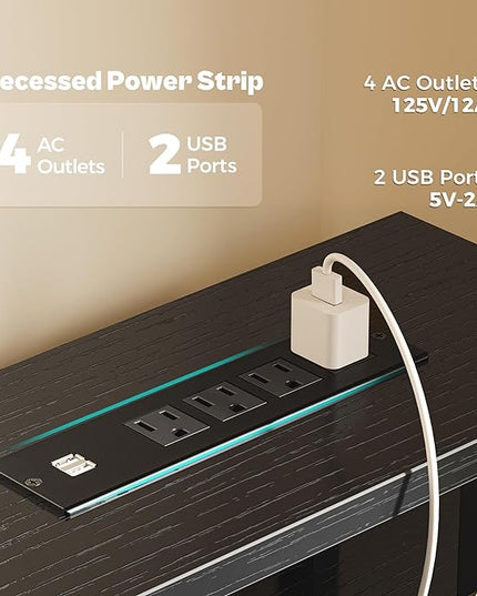 55 inch Computer Desk with 3 Drawers, Office Desk Gaming Desk with LED Lights & Power Outlets, Home Office Desks with Storage Space for Bedroom, Work from Home, Black - LeafyLoom