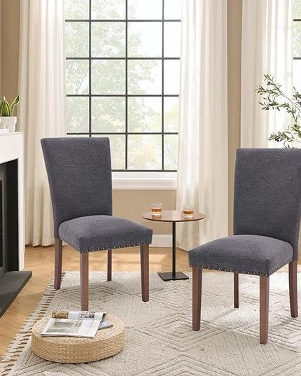 Parsons Dining Chairs Set of 4, Upholstered Nailhead Dining Room Kitchen Side Chair with Thick Cushions and Wood Legs, Dark Grey - LeafyLoom