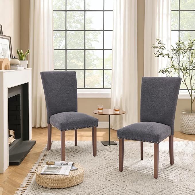 Parsons Dining Chairs Set of 4, Upholstered Nailhead Dining Room Kitchen Side Chair with Thick Cushions and Wood Legs, Dark Grey - LeafyLoom