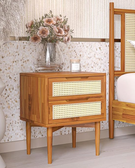 Bme Nightstand Oliver Solid Wood Rattan Side End Table, Fully Assembled, for Bohemian & Mid Century Style Bedroom and Living Room, Caramel - LeafyLoom