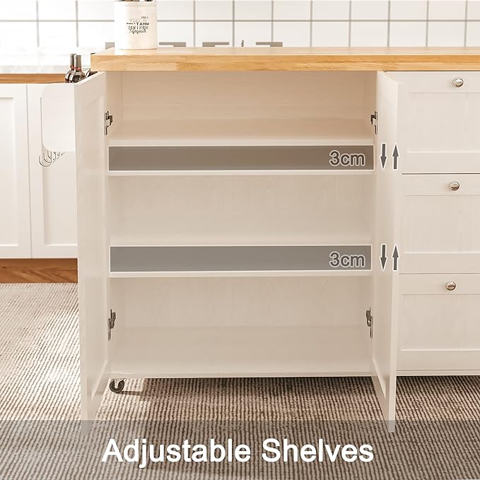 IRONCK Rolling Kitchen Island Cart with Drop-Leaf Countertop, Thicker Rubberwood Top, 3 Drawers, Barn Door Style Cabine, Spice Rack, on Wheels, for Kitchen and Dining Room, White - LeafyLoom