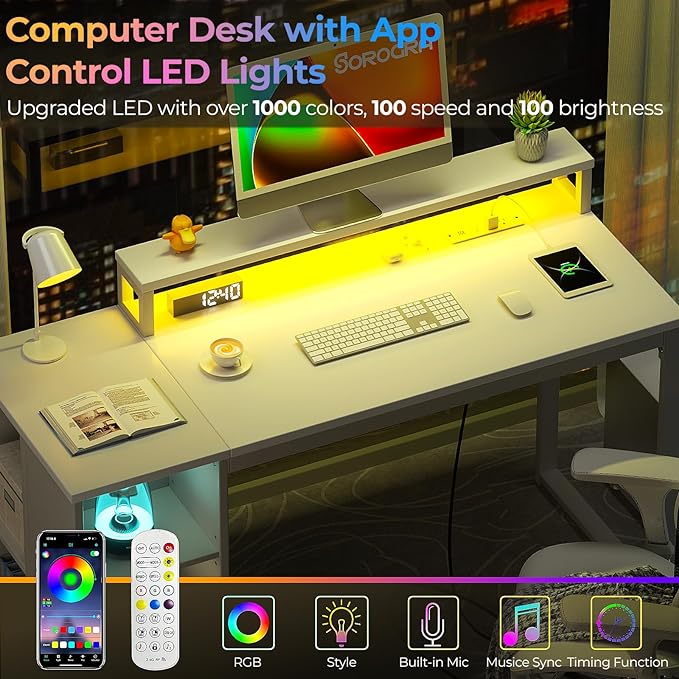 White Computer Desk with LED Lights and Power Outlets 47 inch Home Office Desk with Storage Shelves, Small Writing Desk with Monitor Stand for Bedroom, Workstation - LeafyLoom