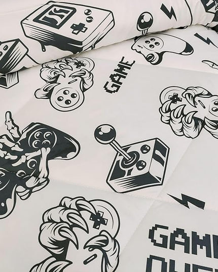 3PCS White Gamer Comforter Set Full for Boys Girls Teens and Kids, Soft Microfiber Cute Comforter Full Size, Bed in a Bag Full Cozy House Collection, Hotel Luxury and Lightweight, Full - LeafyLoom