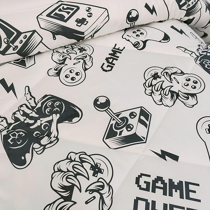 3PCS White Gamer Comforter Set Full for Boys Girls Teens and Kids, Soft Microfiber Cute Comforter Full Size, Bed in a Bag Full Cozy House Collection, Hotel Luxury and Lightweight, Full - LeafyLoom