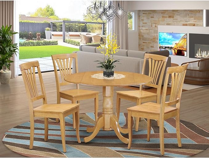 East West Furniture DLAV5-OAK-W 5 Piece Dining Room Furniture Set Includes a Round Kitchen Table with Dropleaf and 4 Dining Chairs, 42x42 Inch, Oak - LeafyLoom