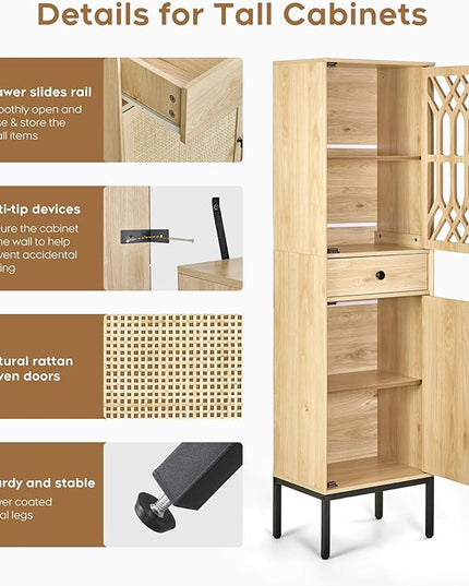 XIAO WEI 2-Piece Tall Cabinet Narrow Linen arched cabinet Storage Cabinet Natural Rattan Doors Fretwork Pattern Doors for Living Room Entryway Kitchen Home Office Bathroom - LeafyLoom