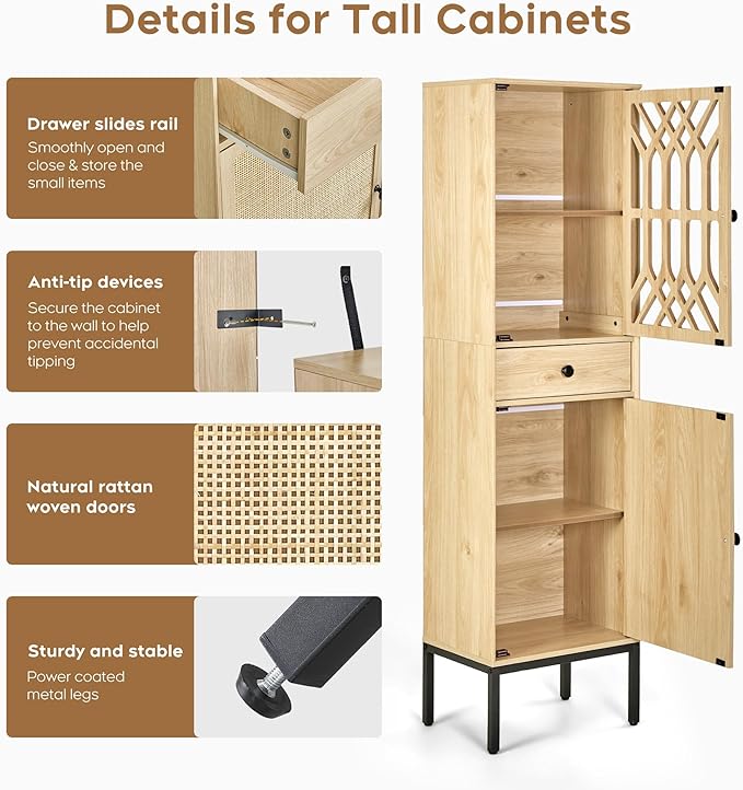 XIAO WEI 2-Piece Tall Cabinet Narrow Linen arched cabinet Storage Cabinet Natural Rattan Doors Fretwork Pattern Doors for Living Room Entryway Kitchen Home Office Bathroom - LeafyLoom