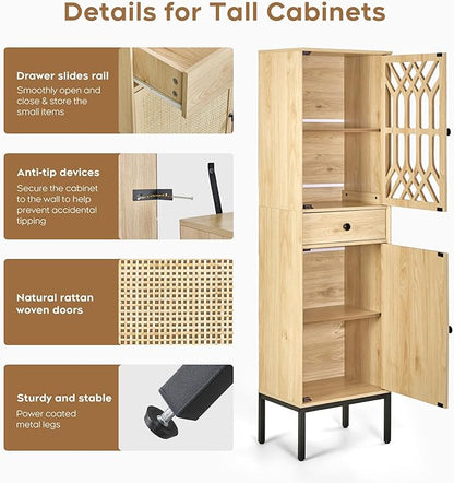 XIAO WEI 2-Piece Tall Cabinet Narrow Linen arched cabinet Storage Cabinet Natural Rattan Doors Fretwork Pattern Doors for Living Room Entryway Kitchen Home Office Bathroom - LeafyLoom